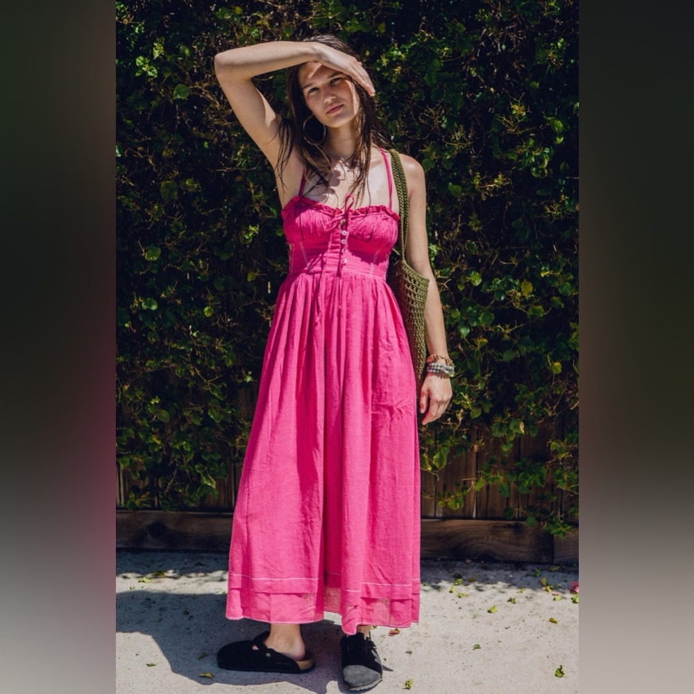 Urban Outfitters Cora Linen Open Back Midi Dress Pink Rose NEW Medium - Picture 5 of 5